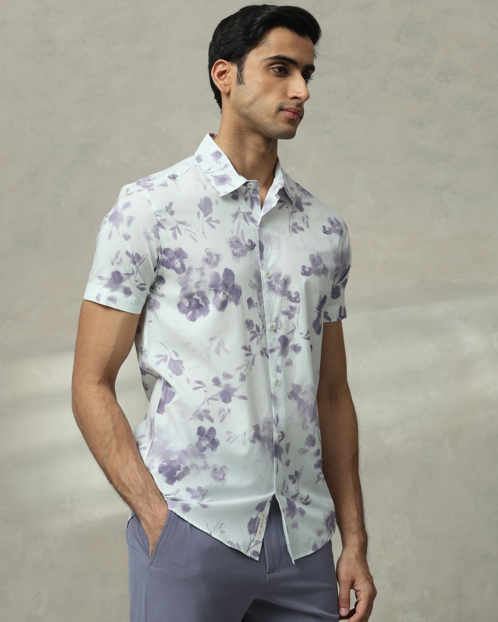 Lilac Floral Print Slim Fit Casual Shirt