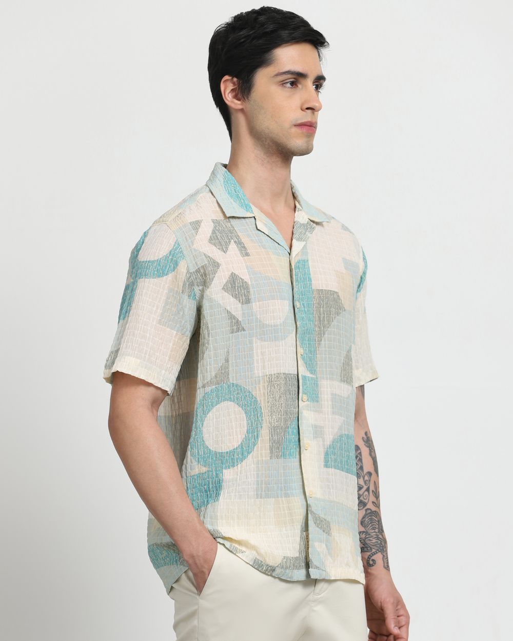 Sage Textured Print Relaxed Fit Casual Shirt