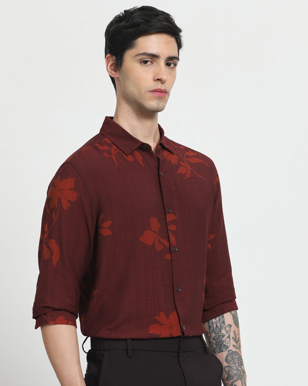 Maroon Floral Print Slim Fit Casual Shirt
