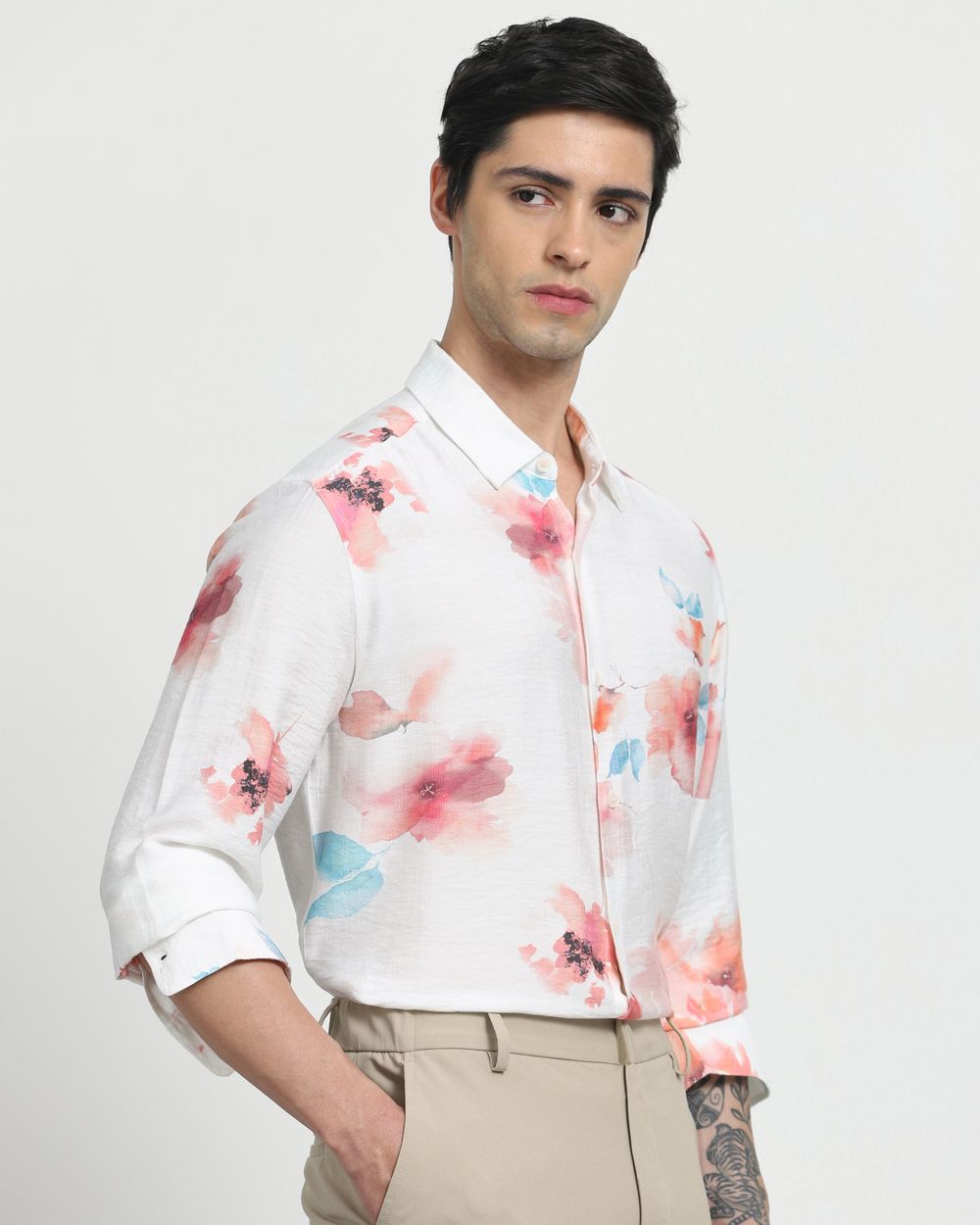 White Floral Print Slim Fit Casual Shirt