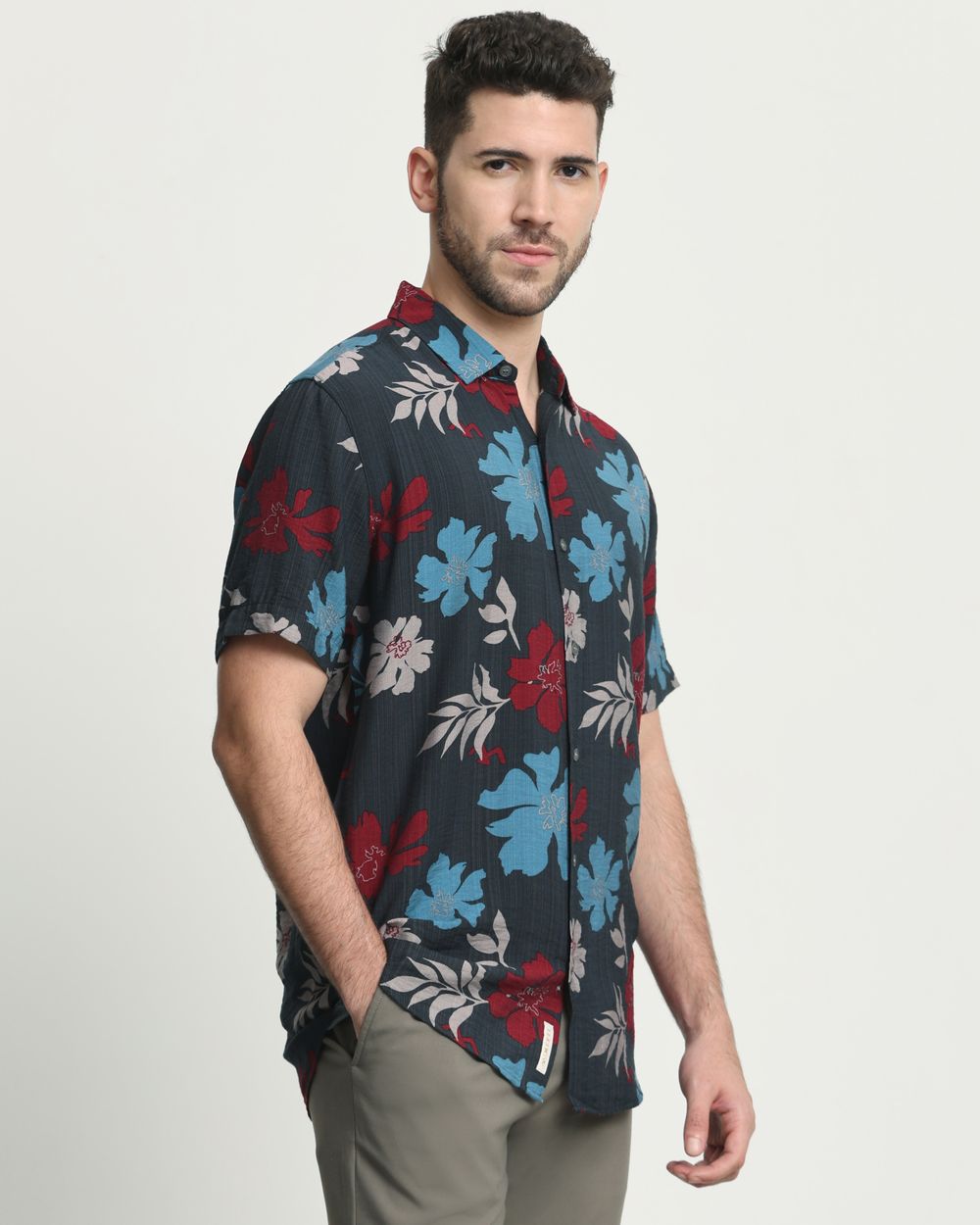 Dark Green Floral Print Slim Fit Casual Shirt