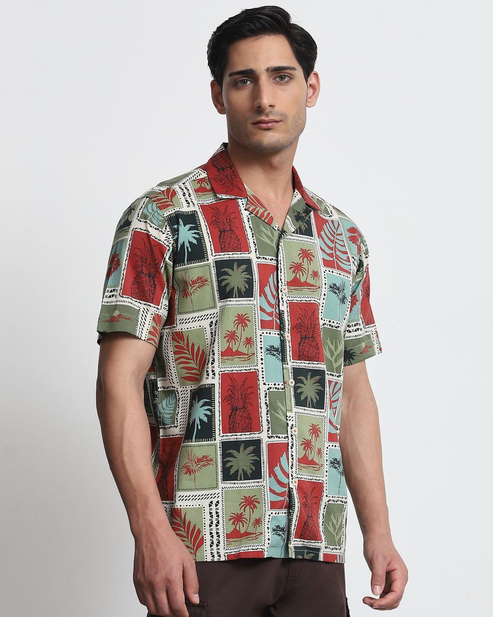 Olive Resort Print Relaxed Fit Casual Shirt