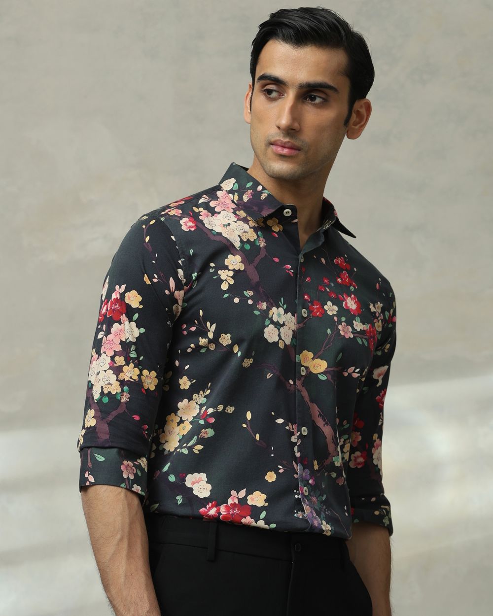 Dark Green Floral Print Slim Fit Casual Shirt