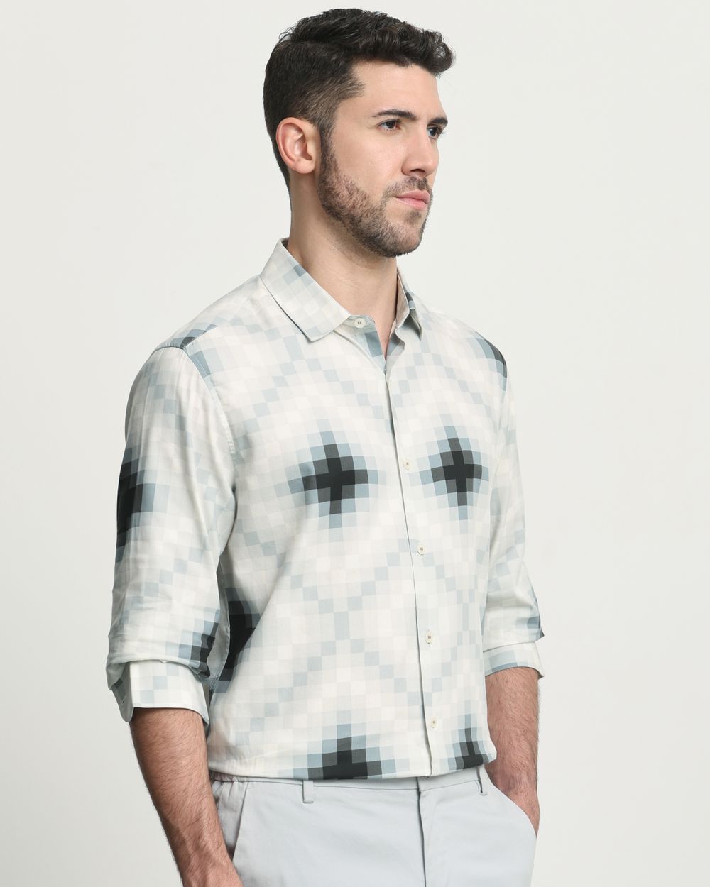 Light Grey Geometric Print Slim Fit Casual Shirt