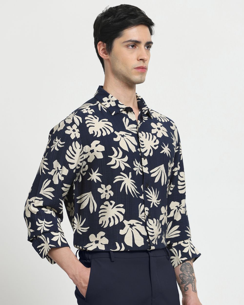 Navy Leaf Print Slim Fit Casual Shirt