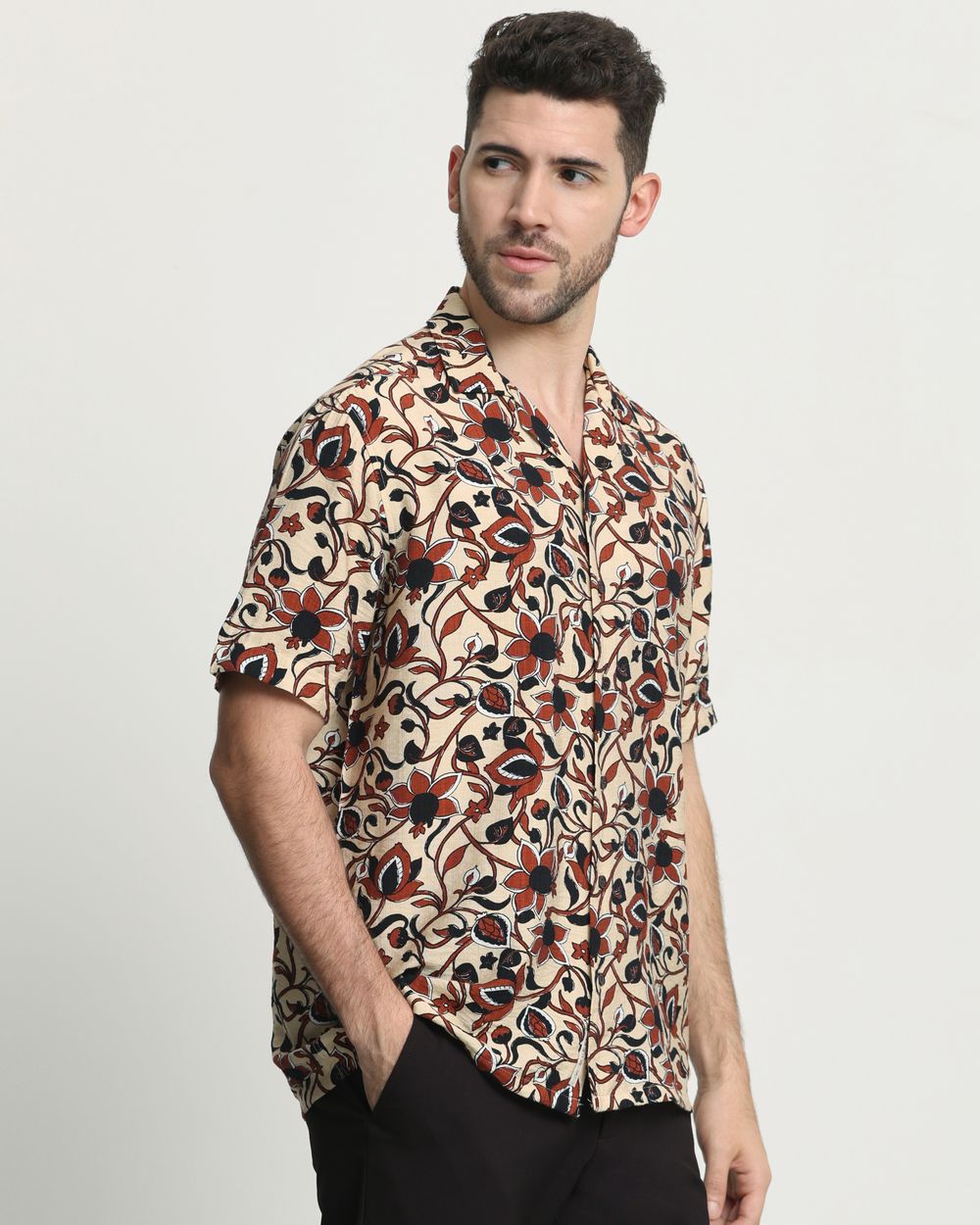 Light Khaki Floral Print Relaxed Fit Casual Shirt