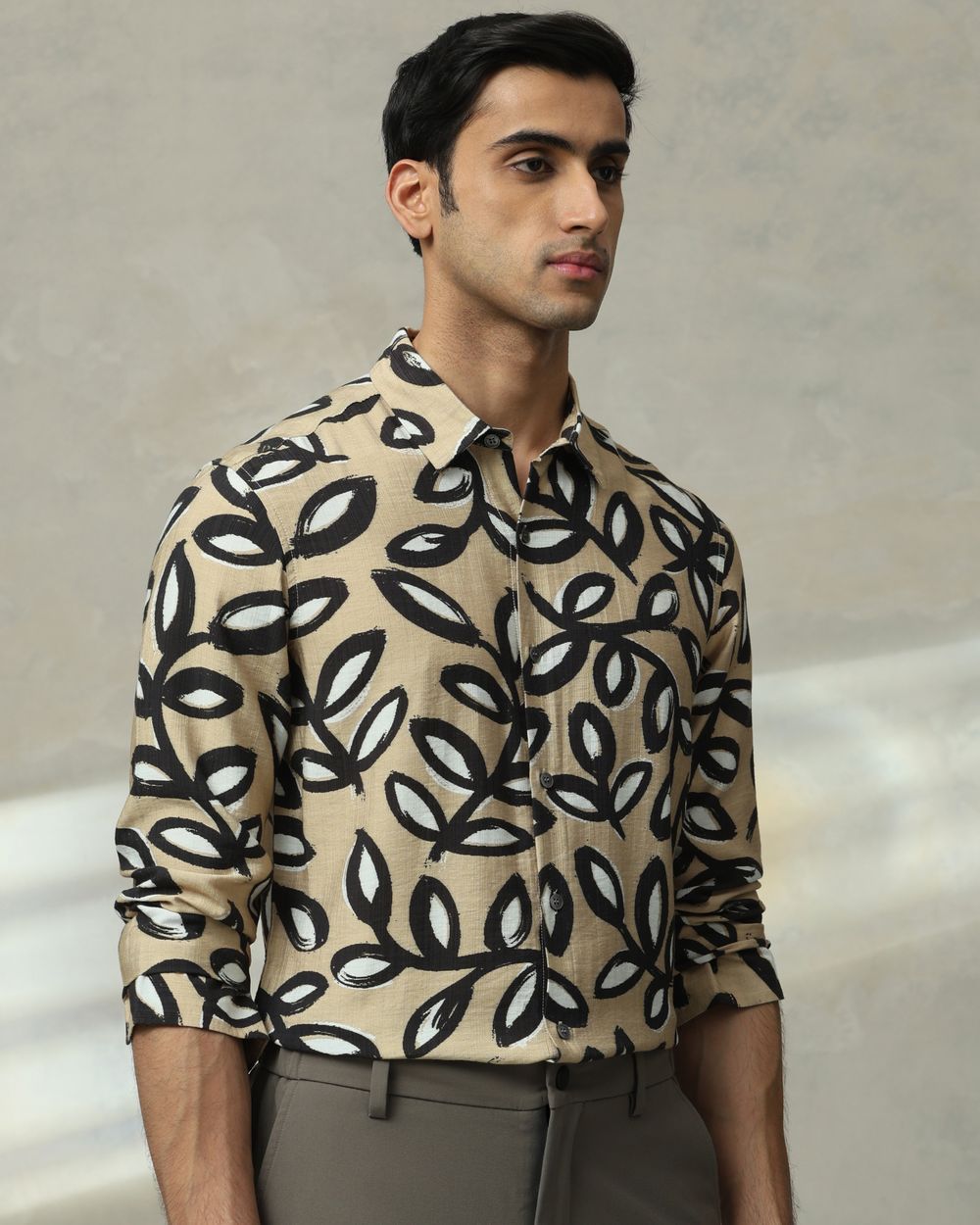 Light Khaki Leaf Print Slim Fit Casual Shirt