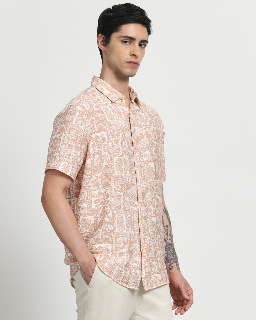 Peach Resort Print Slim Fit Casual Shirt