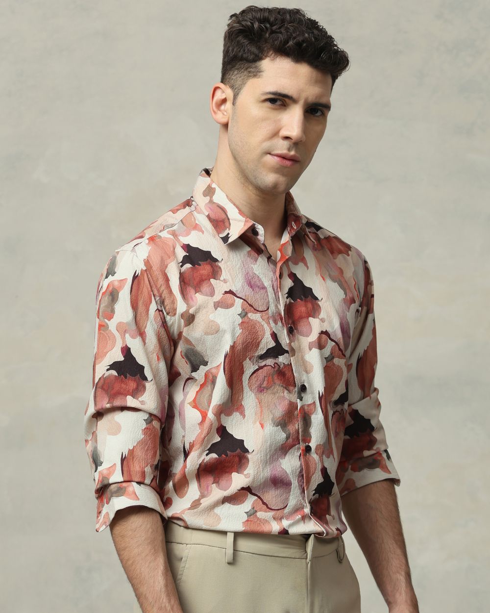 Rust Abstract Print Stretch Slim Fit Casual Shirt