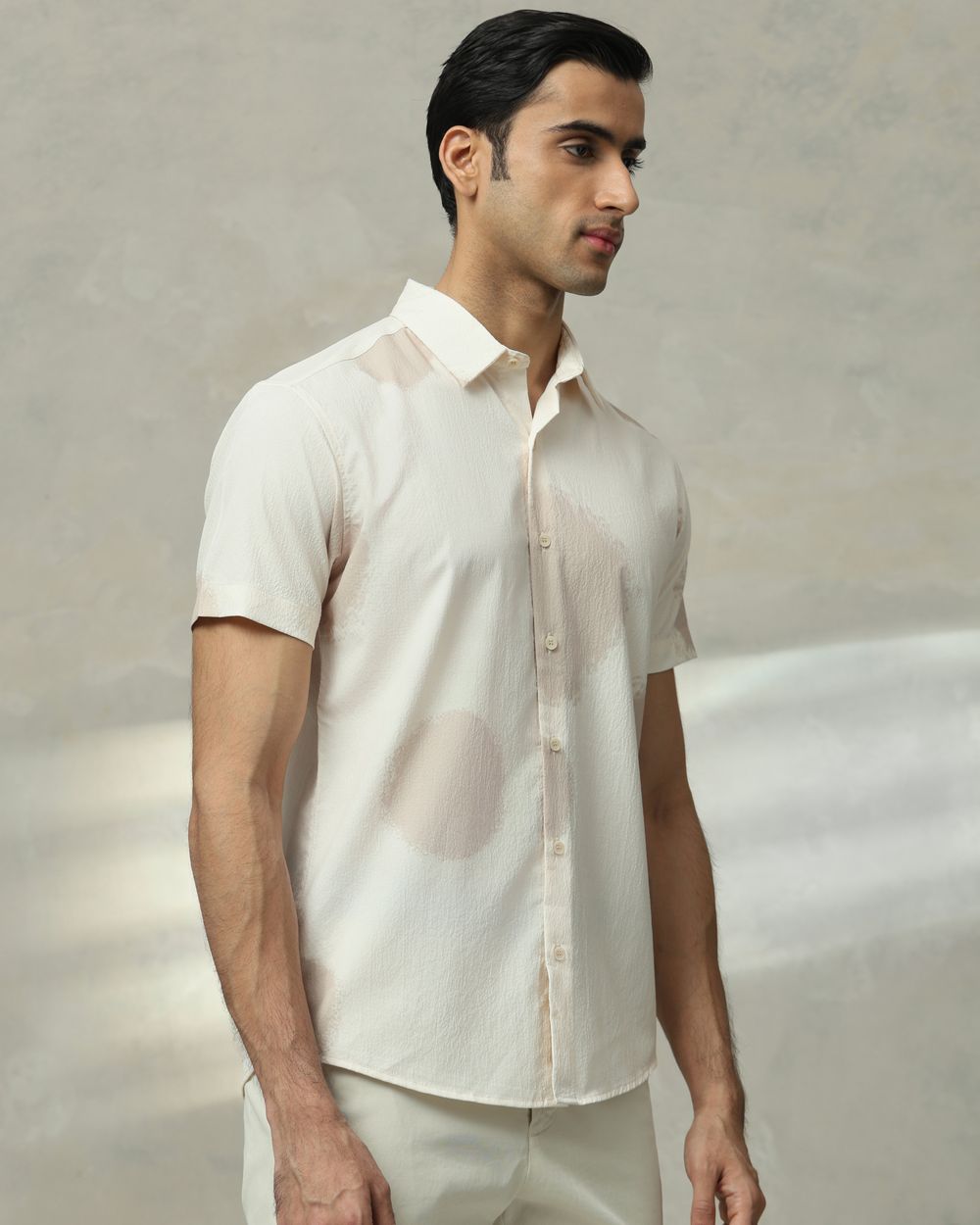 Beige Abstract Print Stretch Slim Fit Casual Shirt