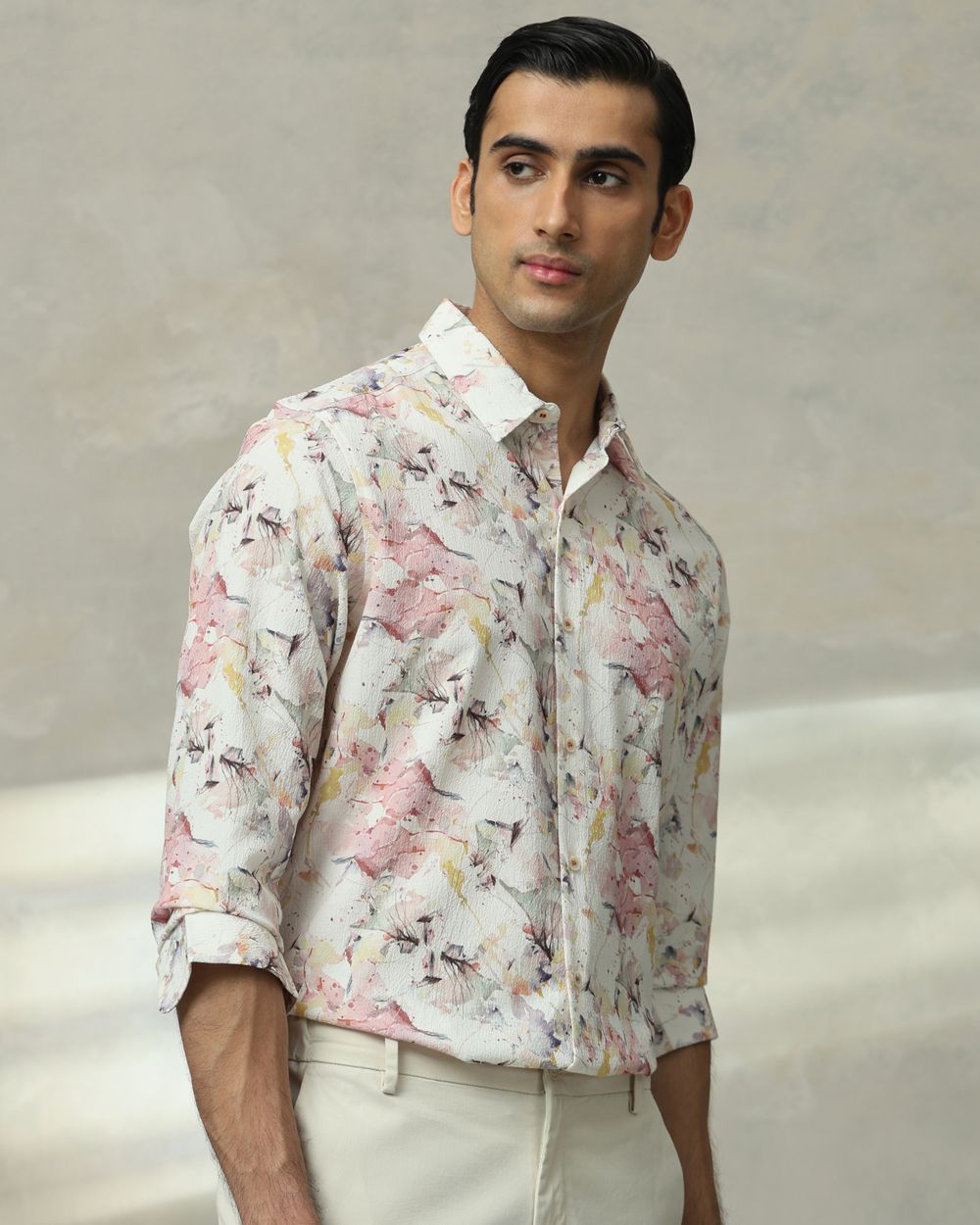 Off White Floral Print Stretch Slim Fit Casual Shirt