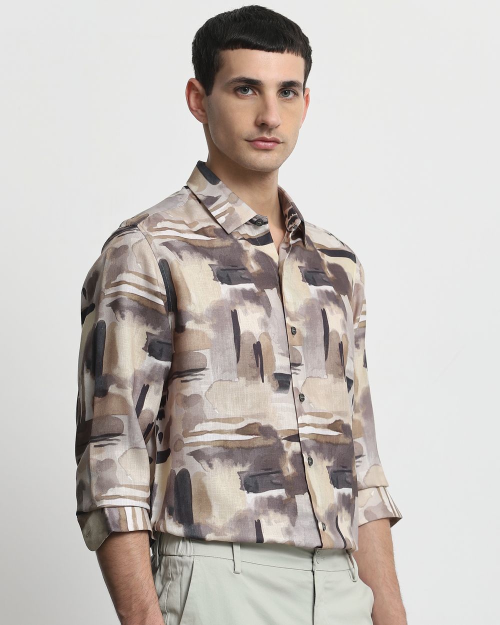 Light Olive Digital Print Slim Fit Casual Shirt