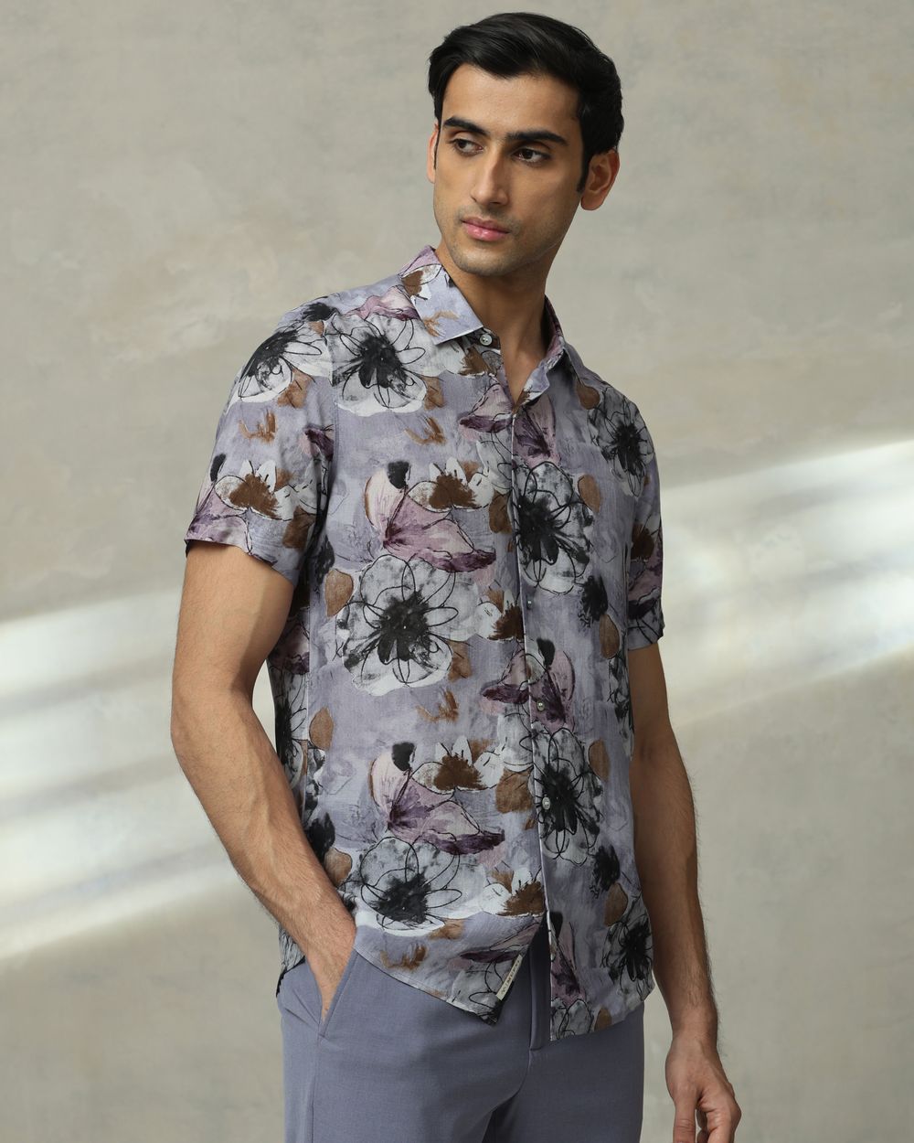 Lilac Floral Print Slim Fit Casual Shirt