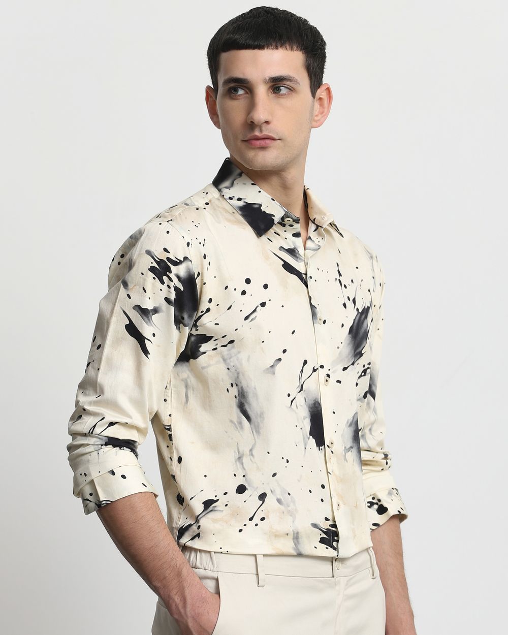 Beige Splatter Print Slim Fit Casual Shirt