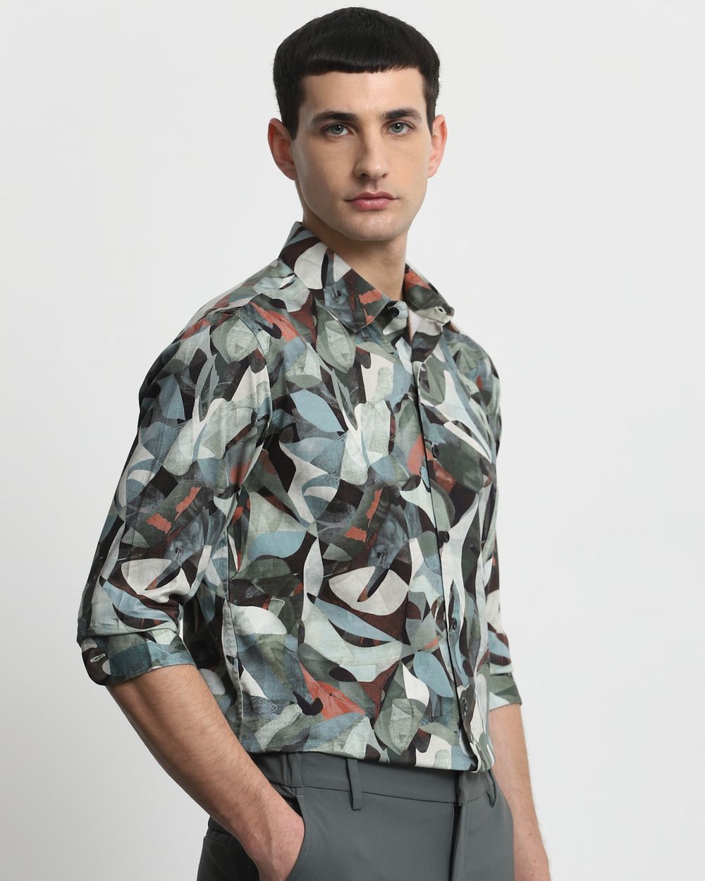Olive Digital Print Slim Fit Casual Shirt