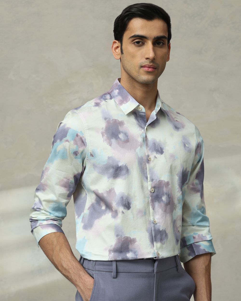 Lilac Digital Print Slim Fit Casual Shirt