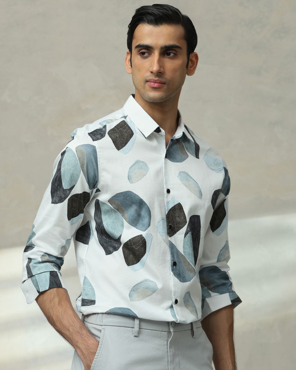 Iced Light Blue Abstract Print Slim Fit Casual Shirt