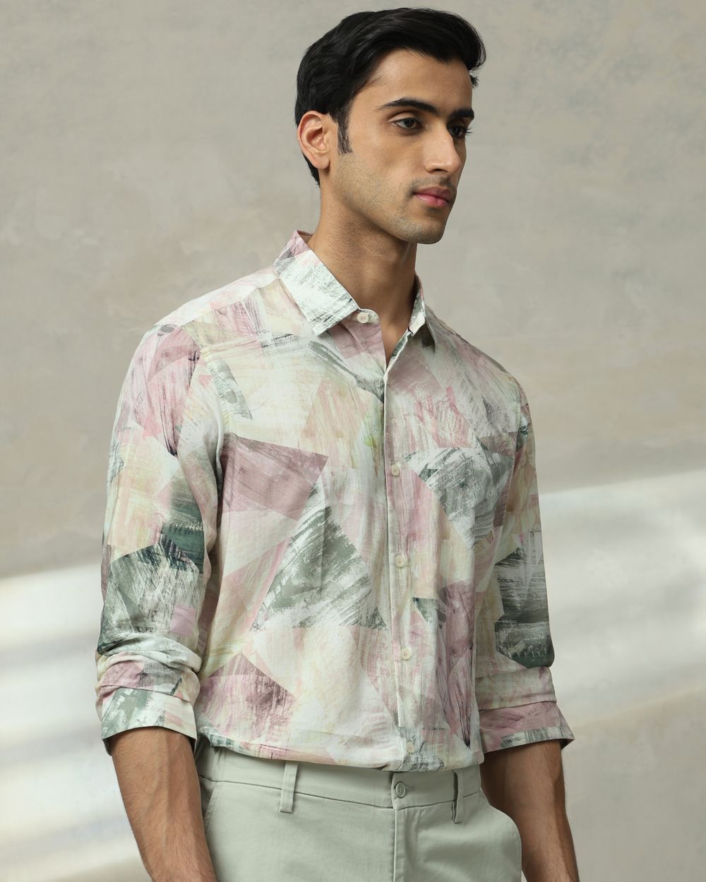 Pastel Pink Digital Print Slim Fit Casual Shirt