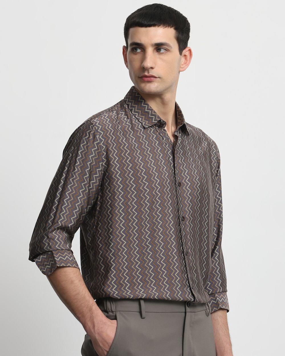 Grey Chevron Print Slim Fit Casual Shirt