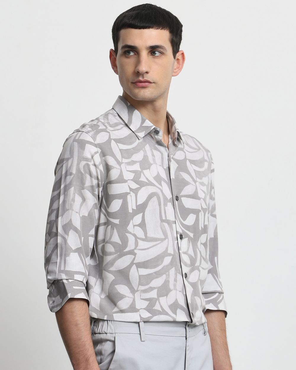 Light Grey Abstract Print Slim Fit Casual Shirt