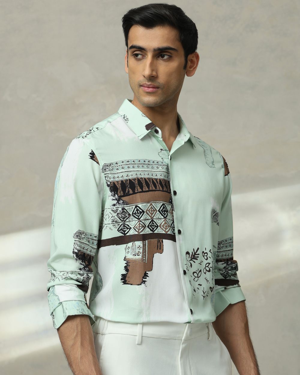 Light Green Digital Print Slim Fit Casual Shirt