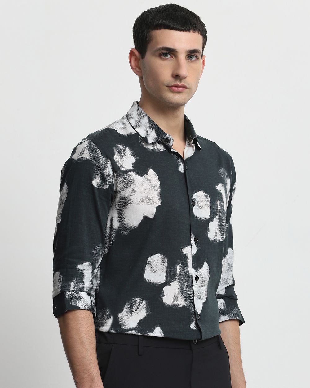 Dark Green Digital Print Slim Fit Casual Shirt