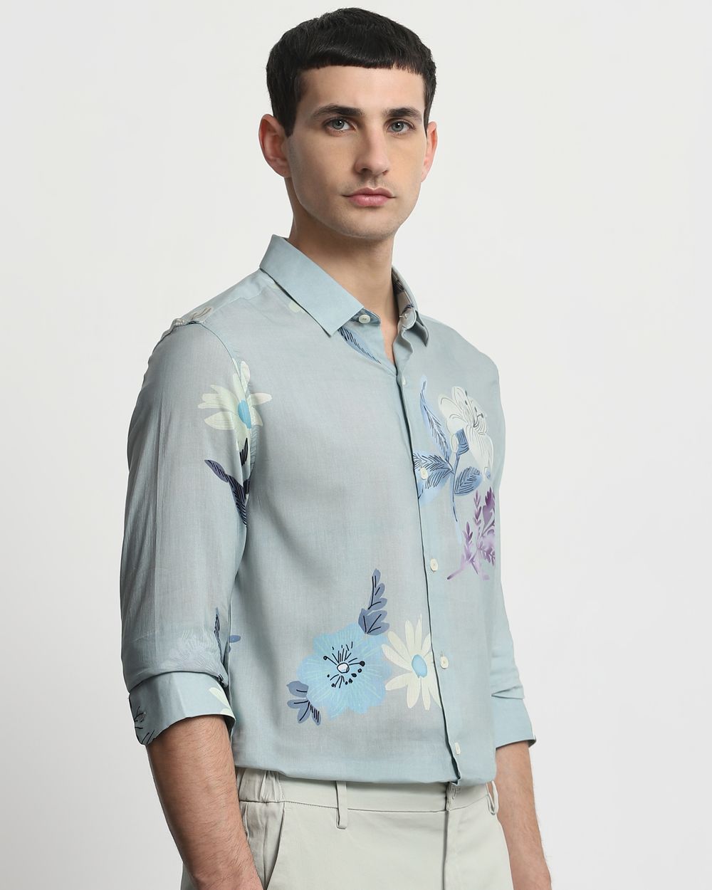 Sage Floral Print Slim Fit Casual Shirt