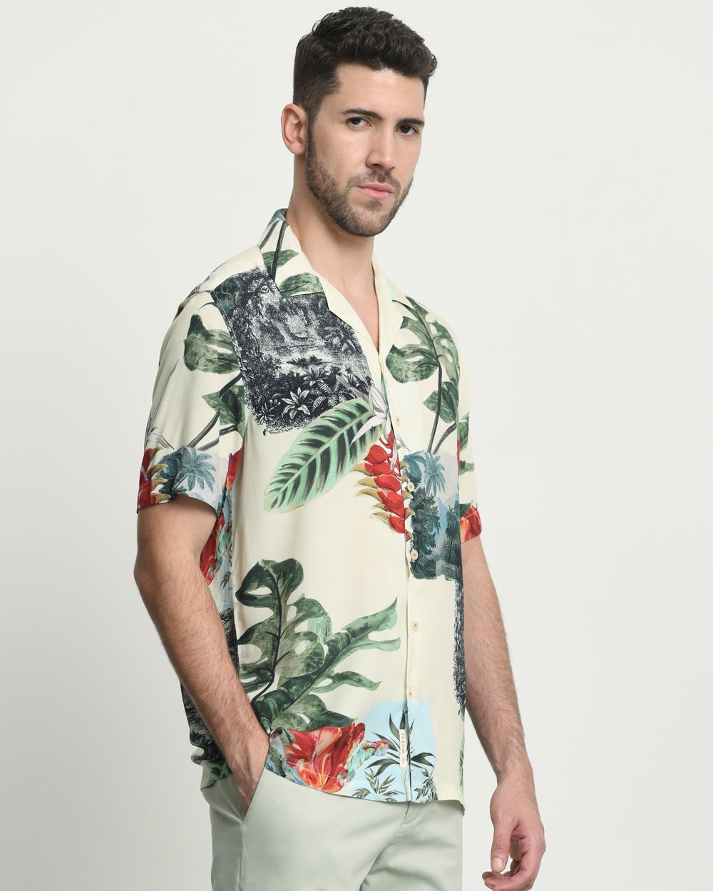 Olive Resort Print Relaxed Fit Casual Shirt
