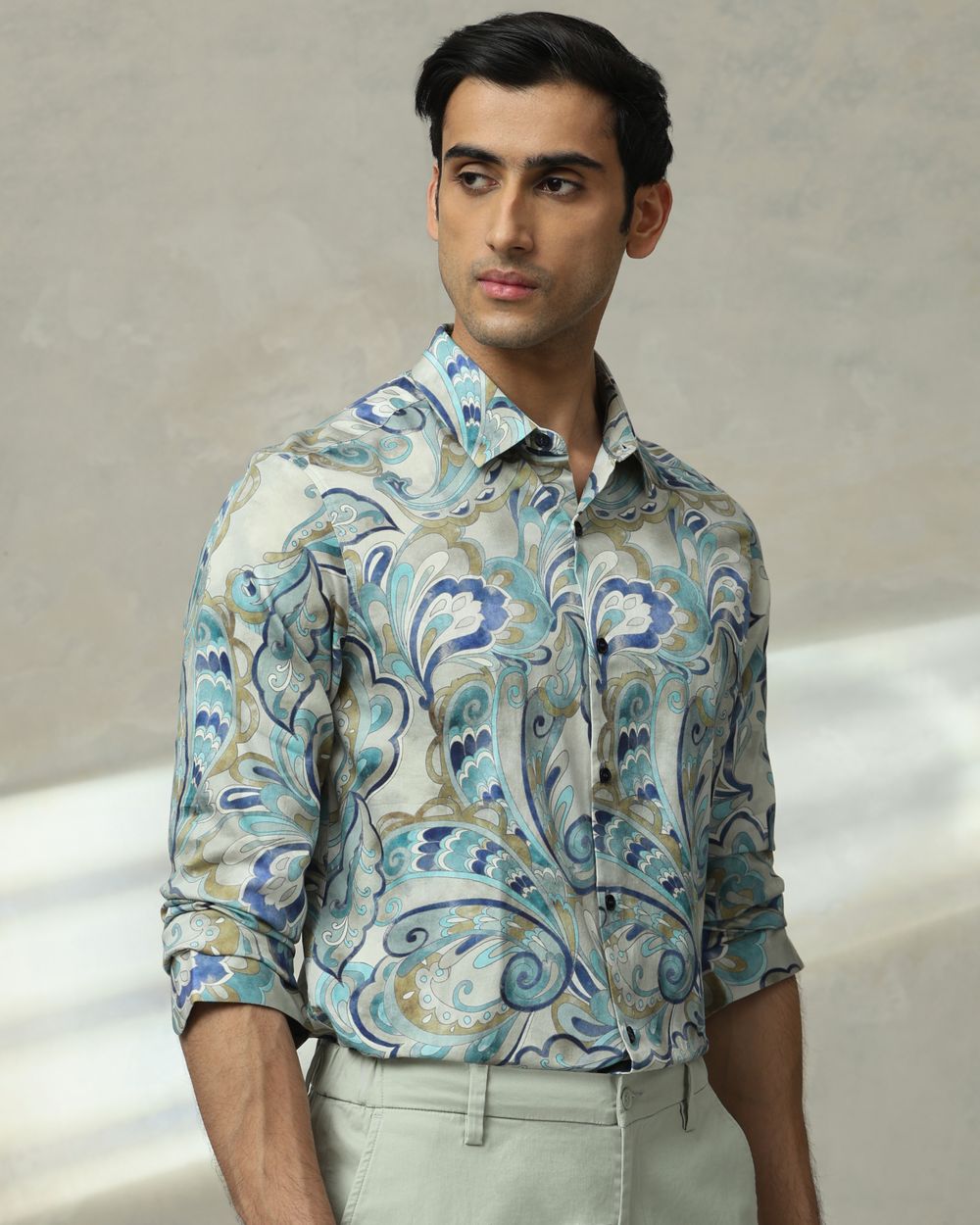 Teal Leaf Print Slim Fit Casual Shirt