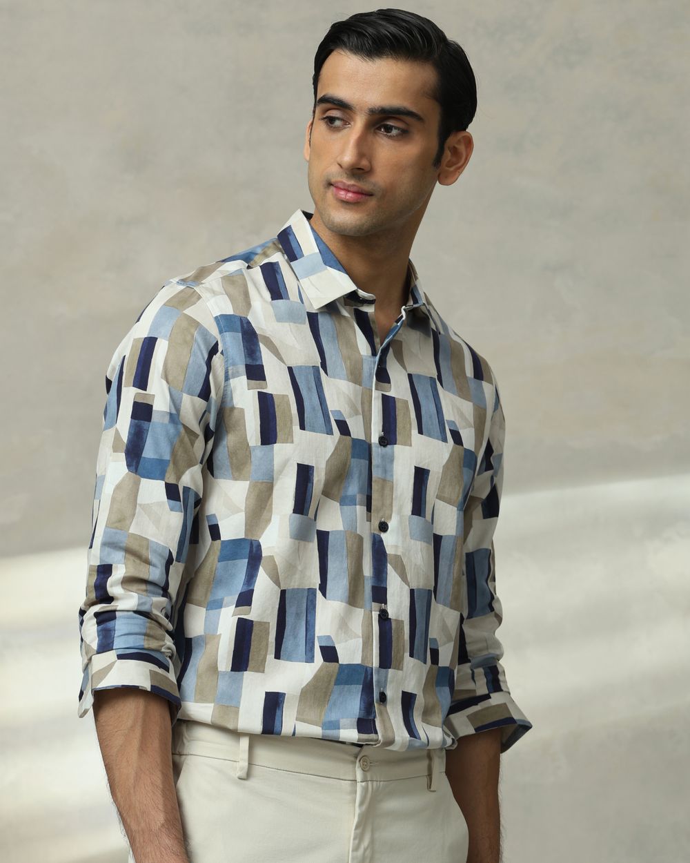 Beige Abstract Print Slim Fit Casual Shirt