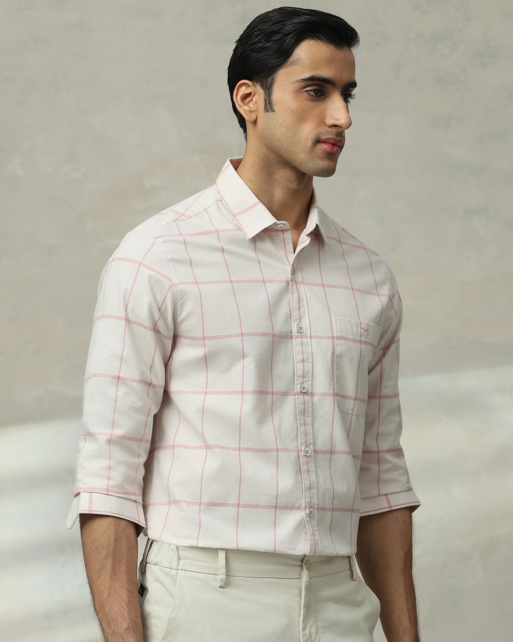 Pink Windowpane Check Slim Fit Casual Shirt