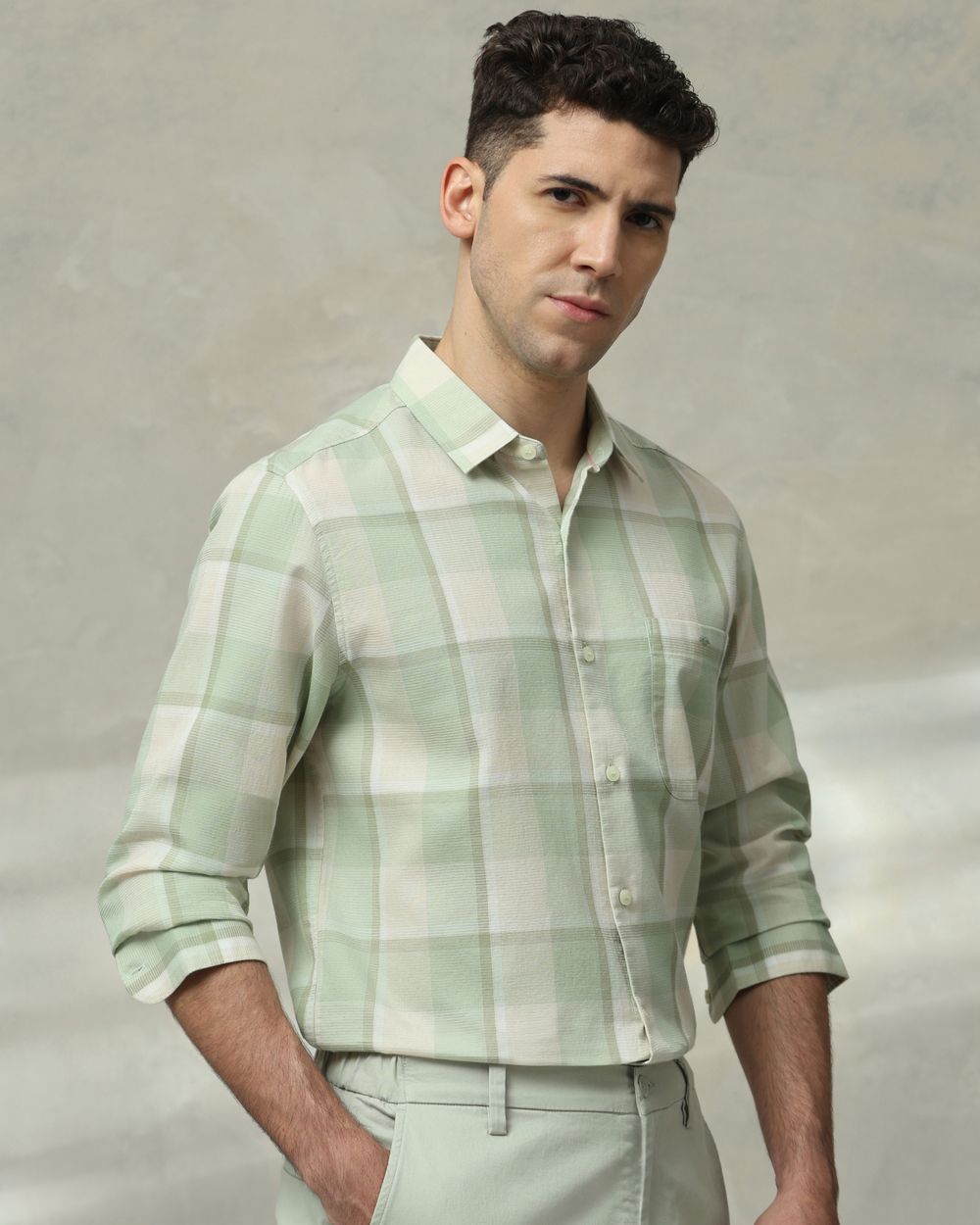 Light Green Textured Check Slim Fit Casual Shirt