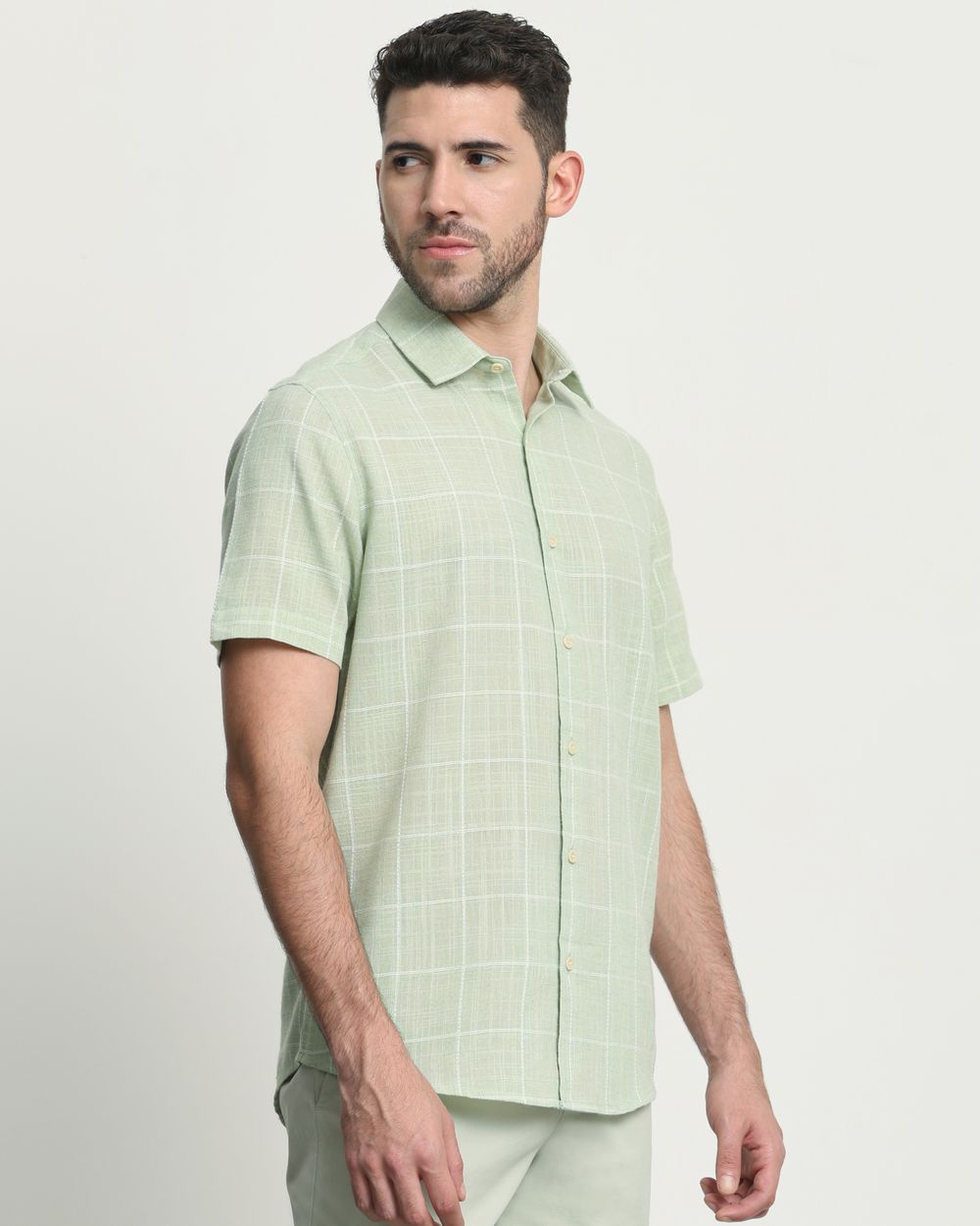 Light Green Textured Check Slim Fit Casual Shirt