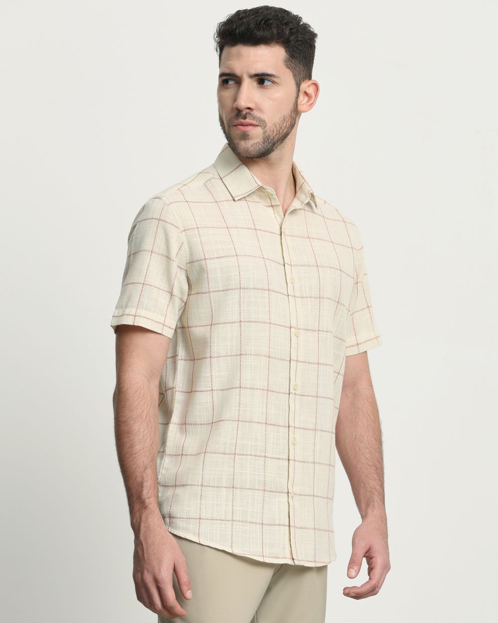 Beige Textured Check Slim Fit Casual Shirt