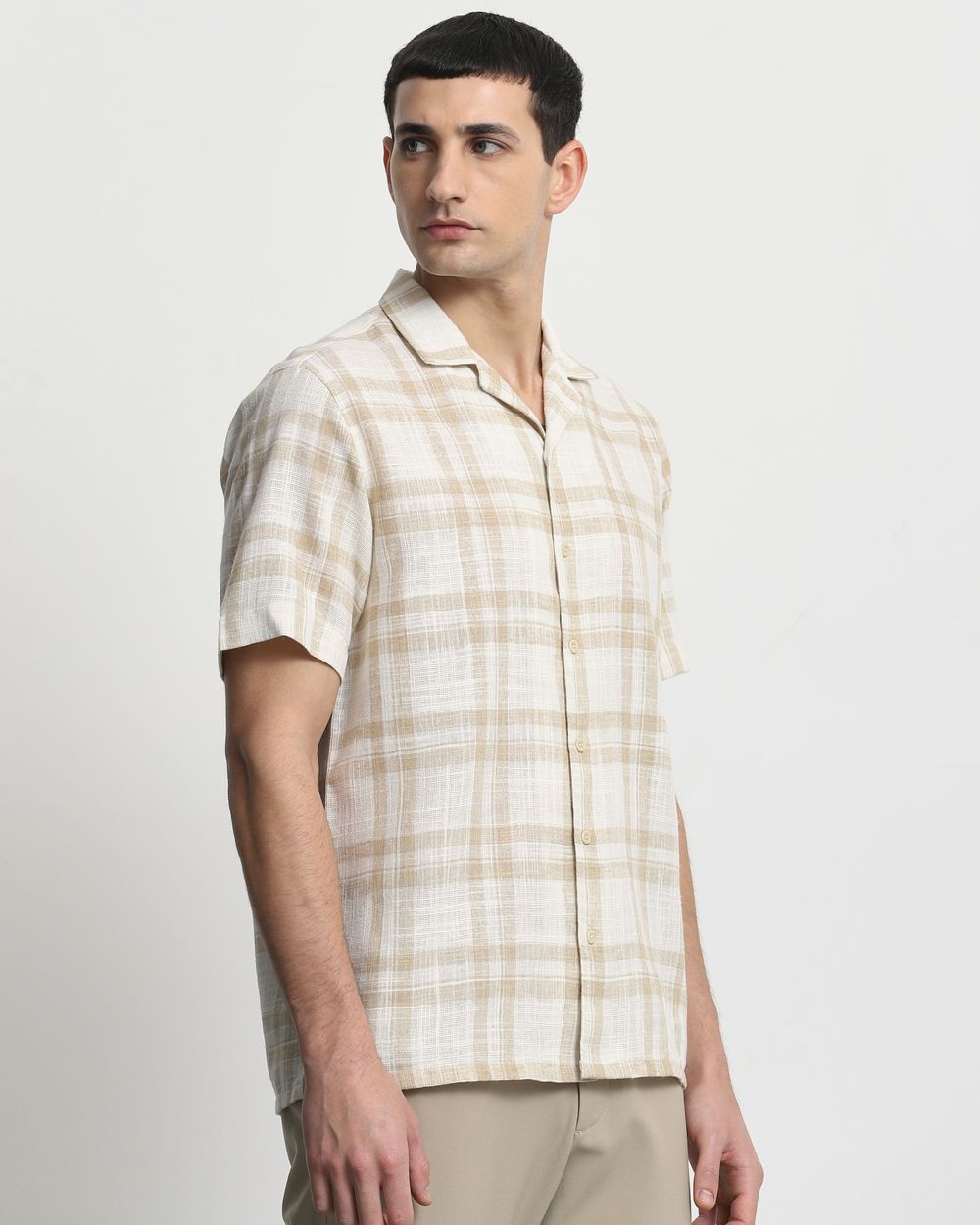 Beige Square Check Relaxed Fit Casual Shirt