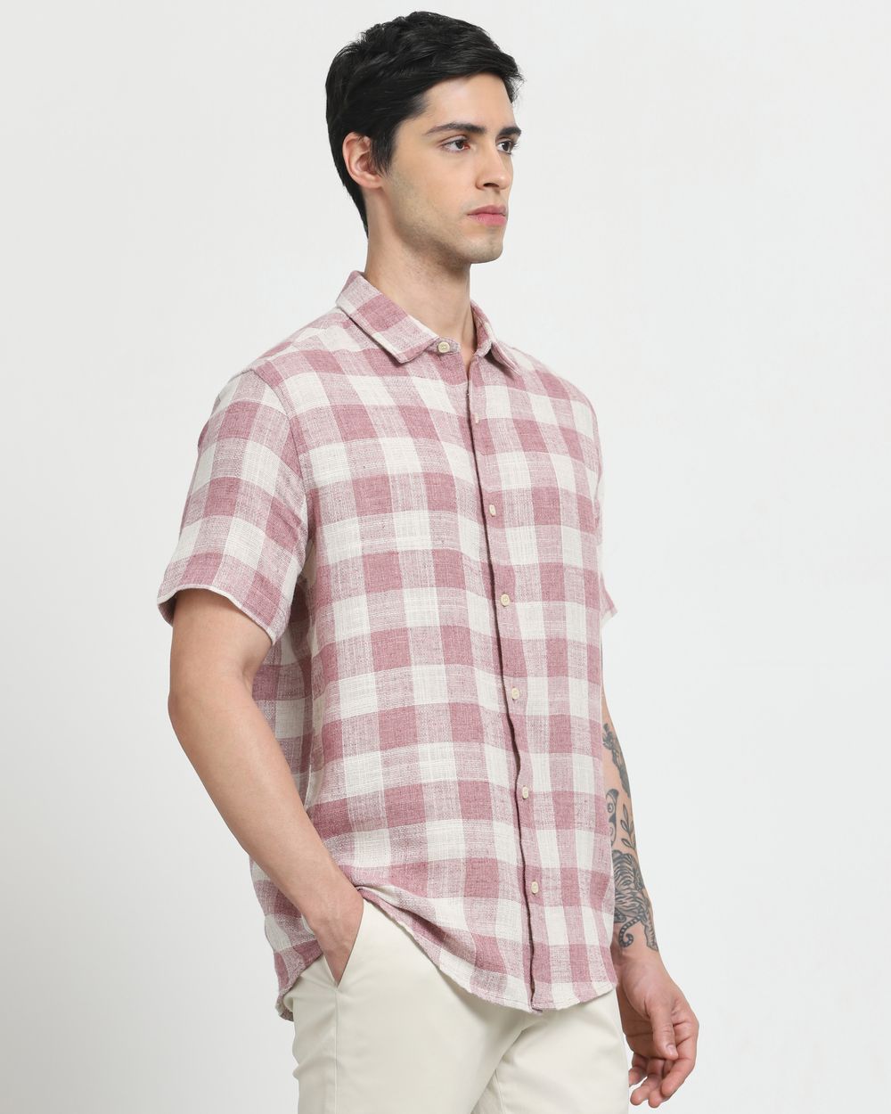 Pink Square Check Slim Fit Casual Shirt
