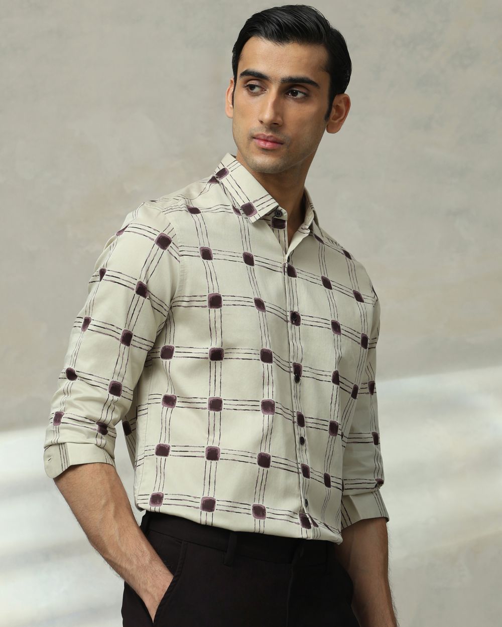 Beige Printed Check Slim Fit Casual Shirt