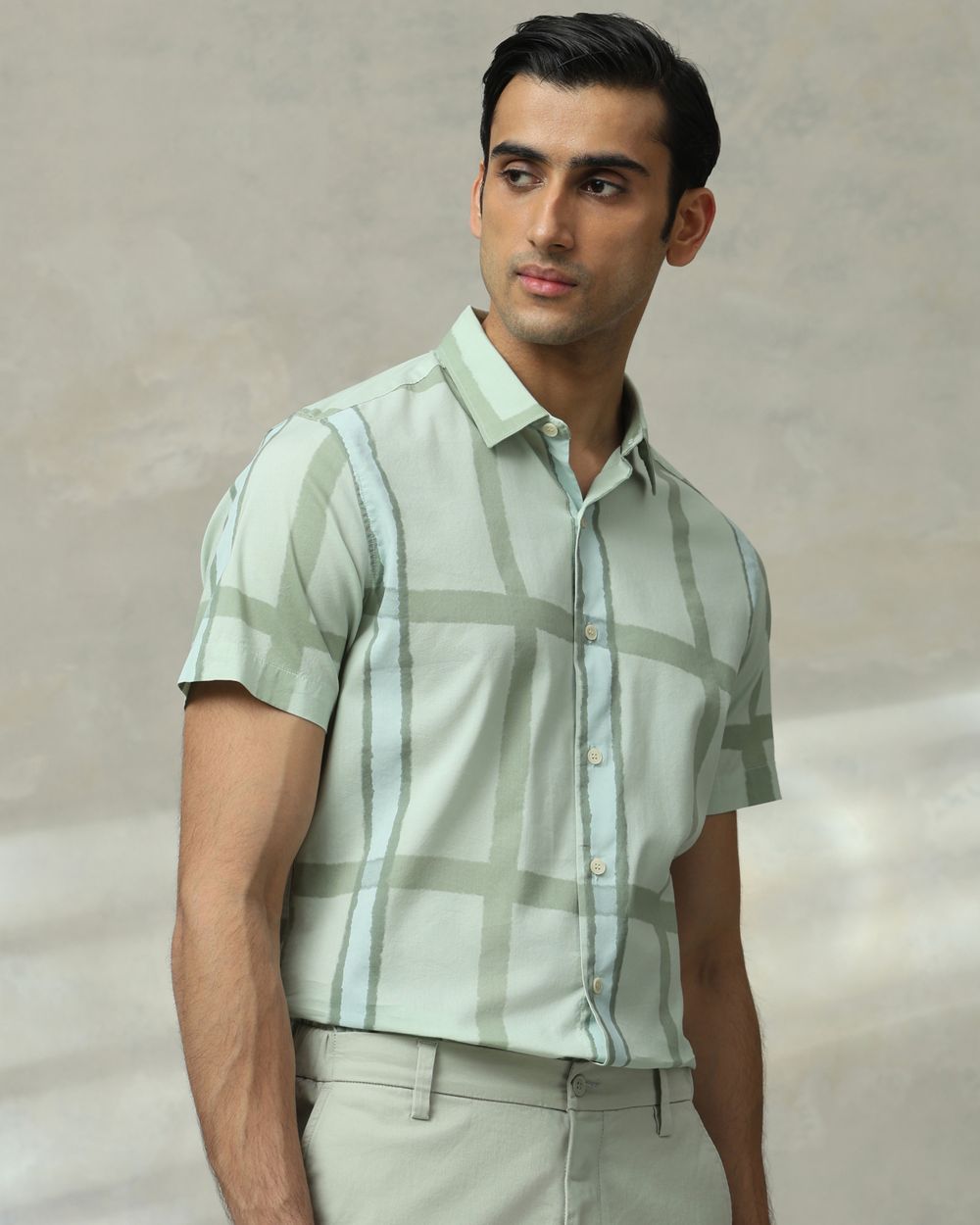 Light Green Large Check Slim Fit Casual Shirt