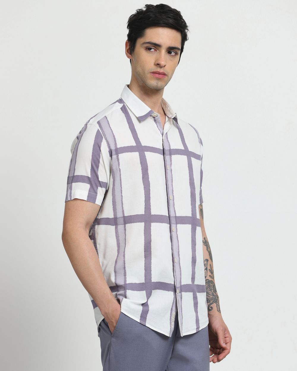 Beige Large Check Slim Fit Casual Shirt