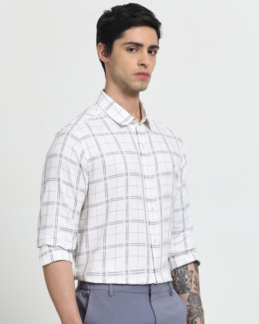 White Square Check Slim Fit Casual Shirt