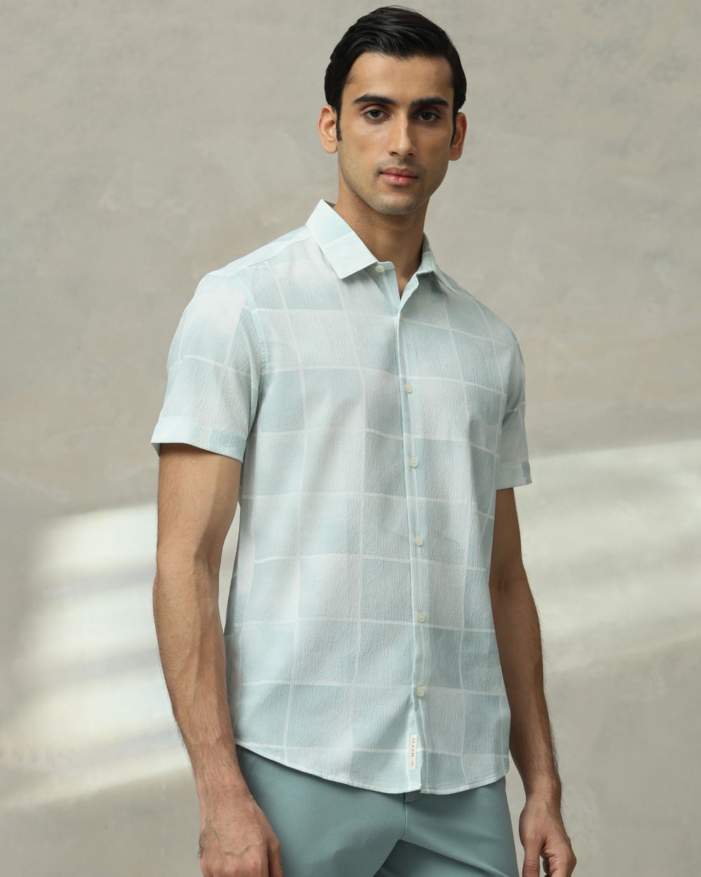 Sage Textured Check Stretch Slim Fit Casual Shirt