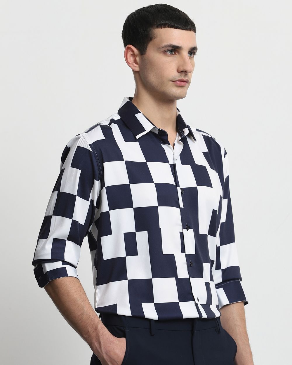 Navy Large Check Stretch Slim Fit Casual Shirt