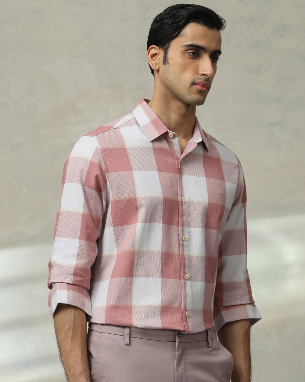 Pink Large Check Slim Fit Casual Shirt