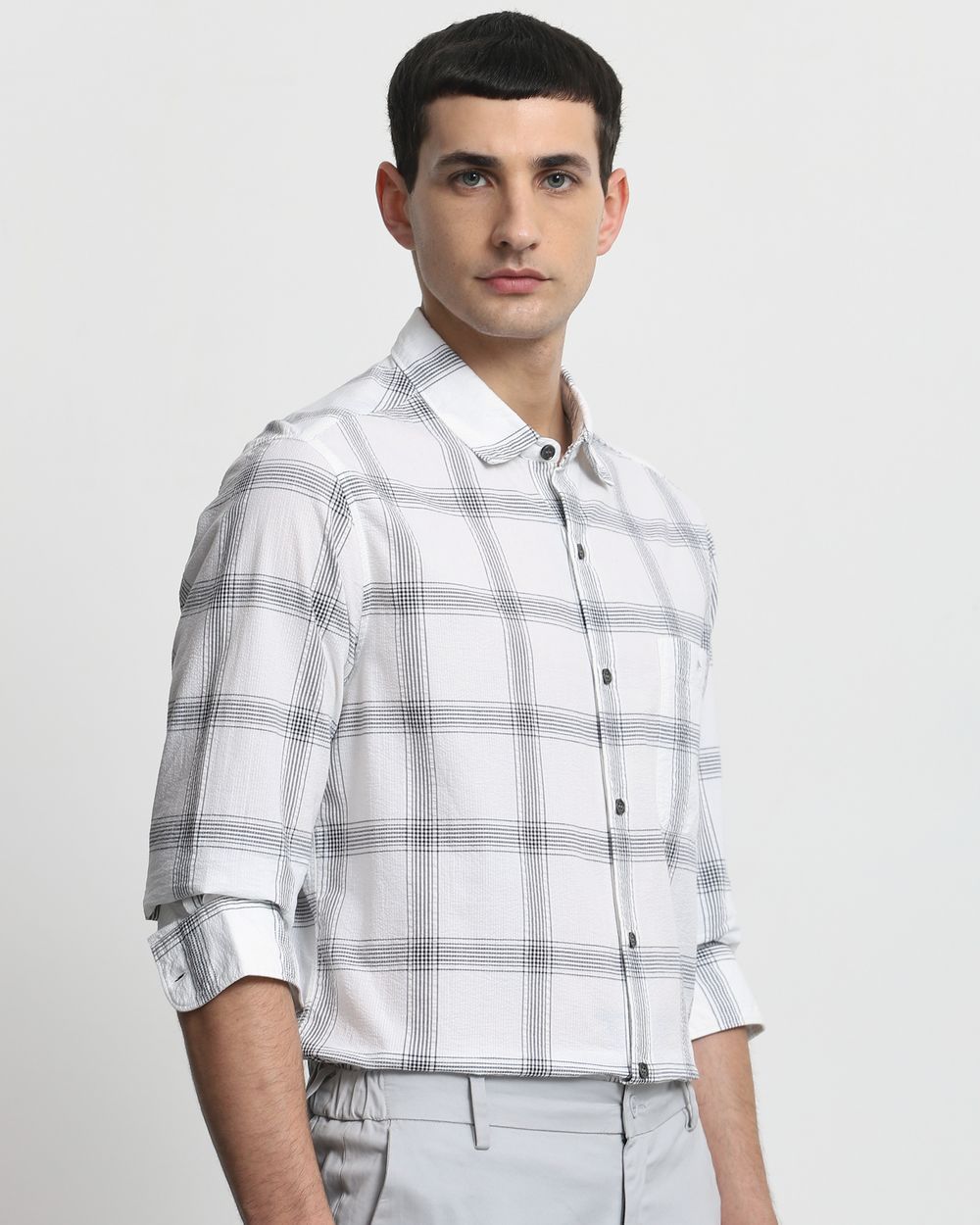 Grey Seersucker Check Slim Fit Casual Shirt