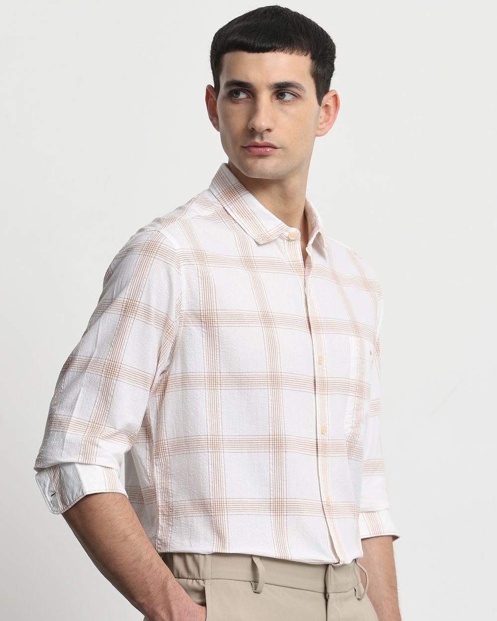 Beige Seersucker Check Slim Fit Casual Shirt