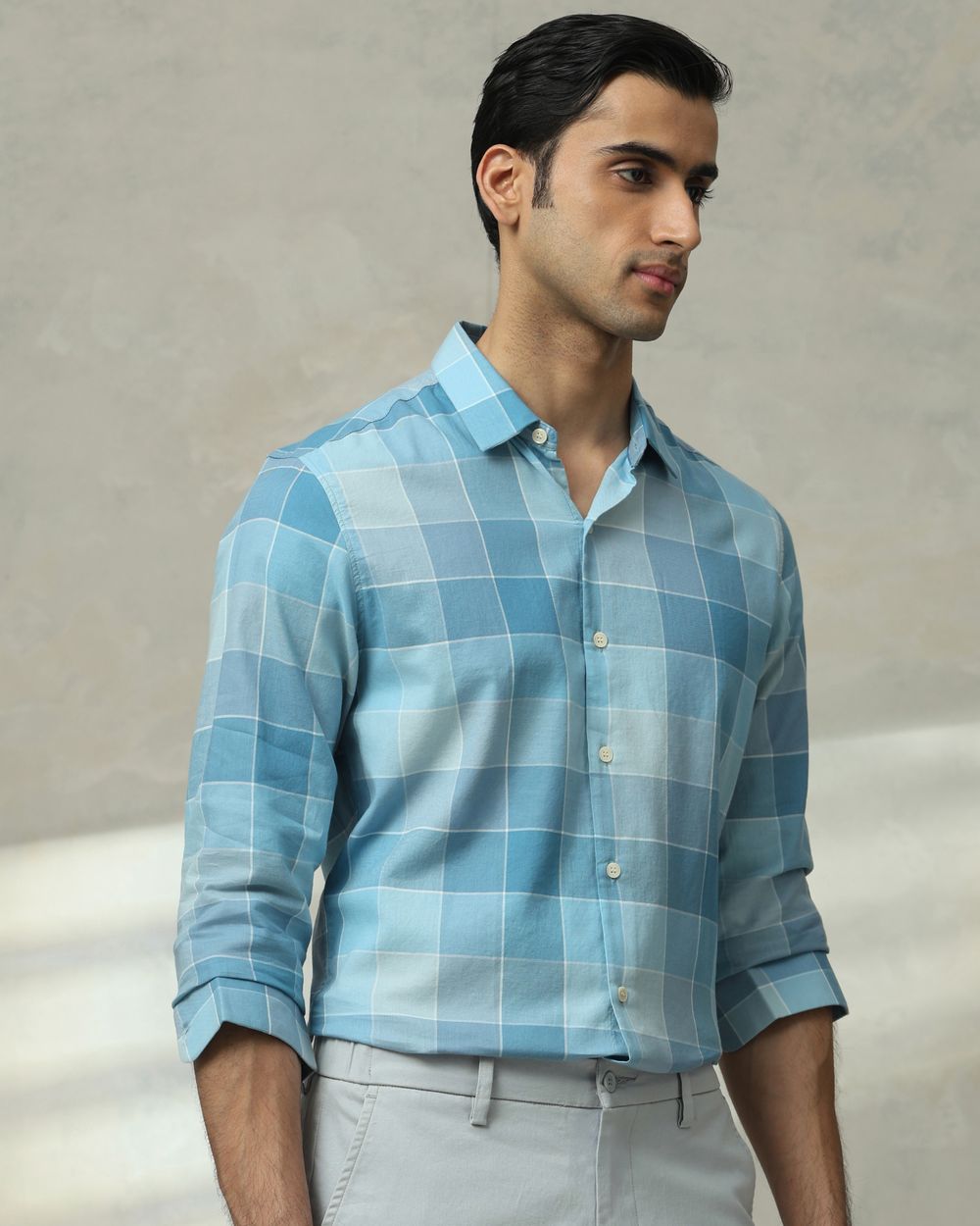 Teal Large Check Slim Fit Casual Shirt