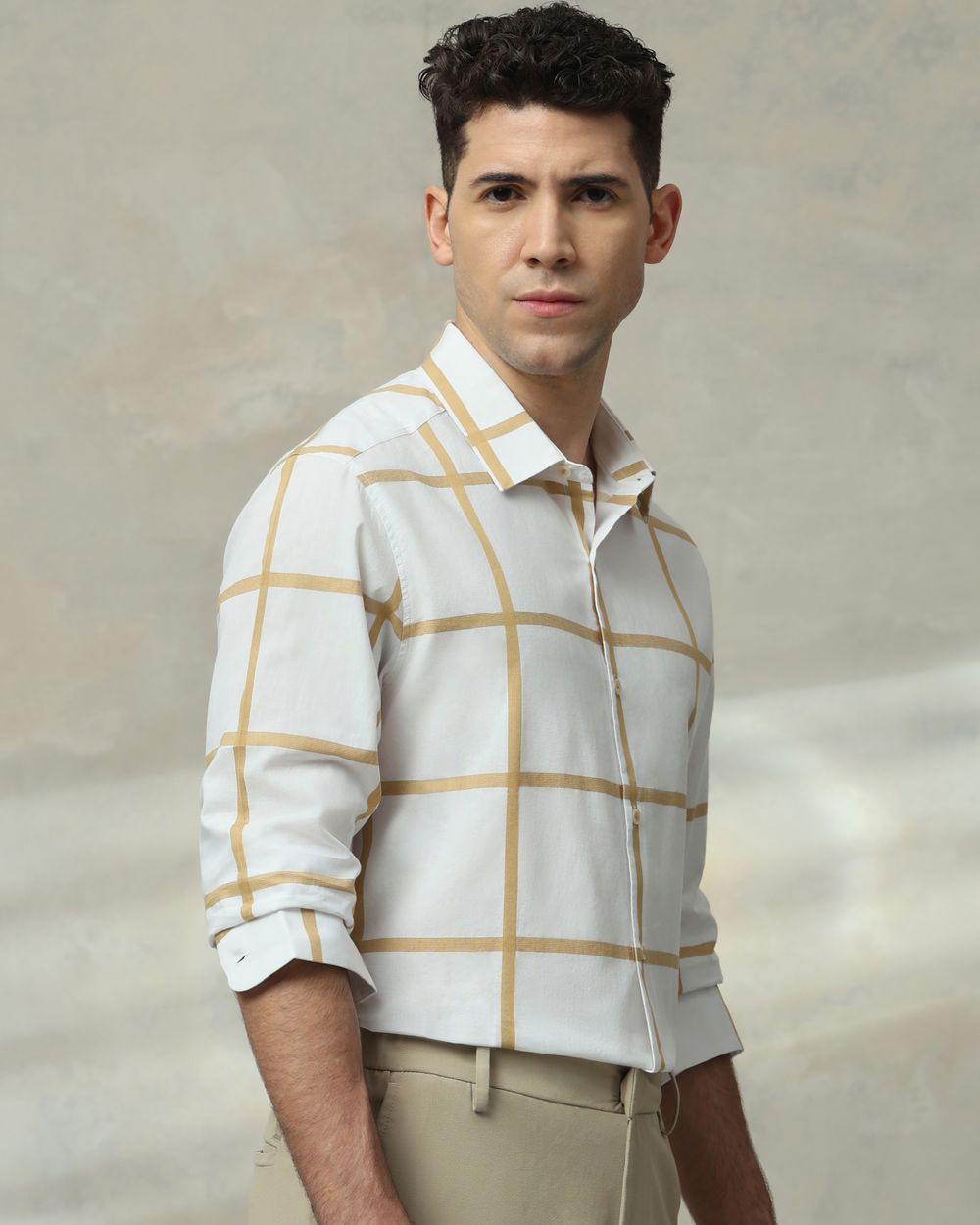 White Windowpane Check Slim Fit Casual Shirt