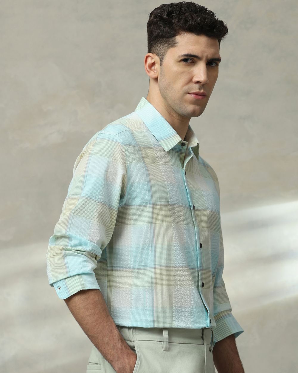 Light Blue Seersucker Check Slim Fit Casual Shirt
