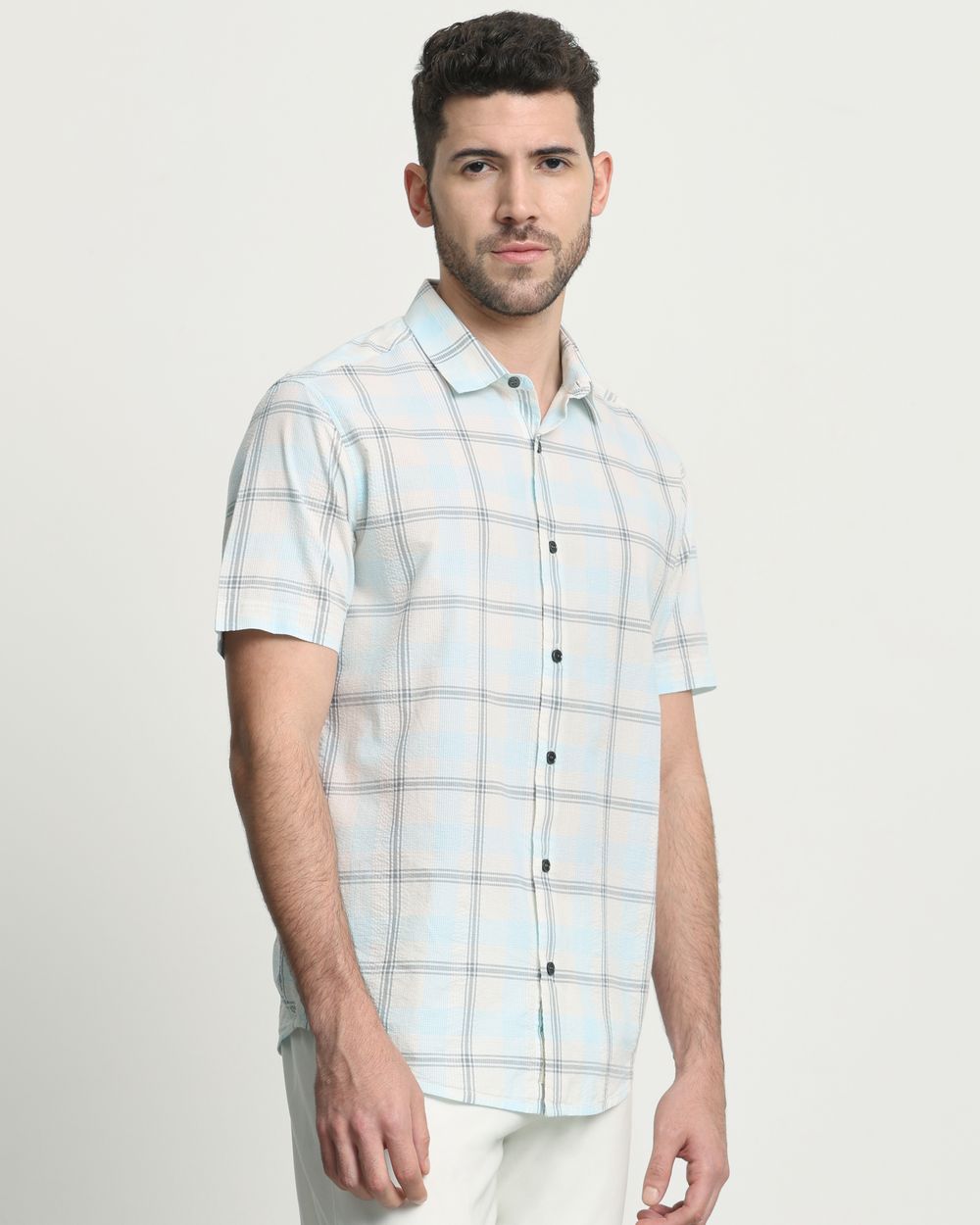 Light Blue Seersucker Check Slim Fit Casual Shirt