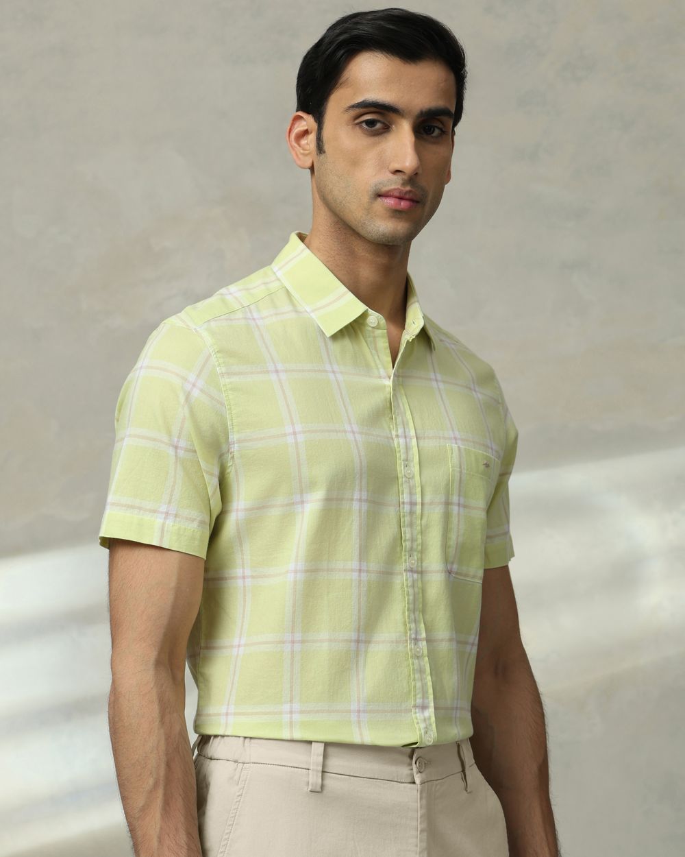 Light Green Square Check Slim Fit Casual Shirt